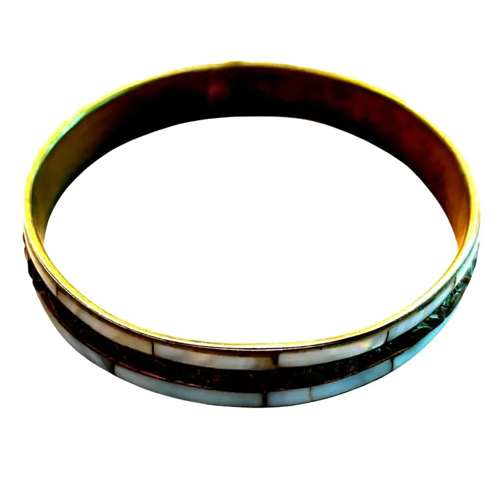 Vintage bangle bracelet Boho festival style brass & Mother of Pearl inlay 80s - Picture 3 of 7